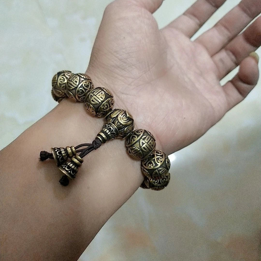 21mm Brass Vintage Fu Character Bracelet Men’s Hand Bead 07FC0E-D4 - KOEEK