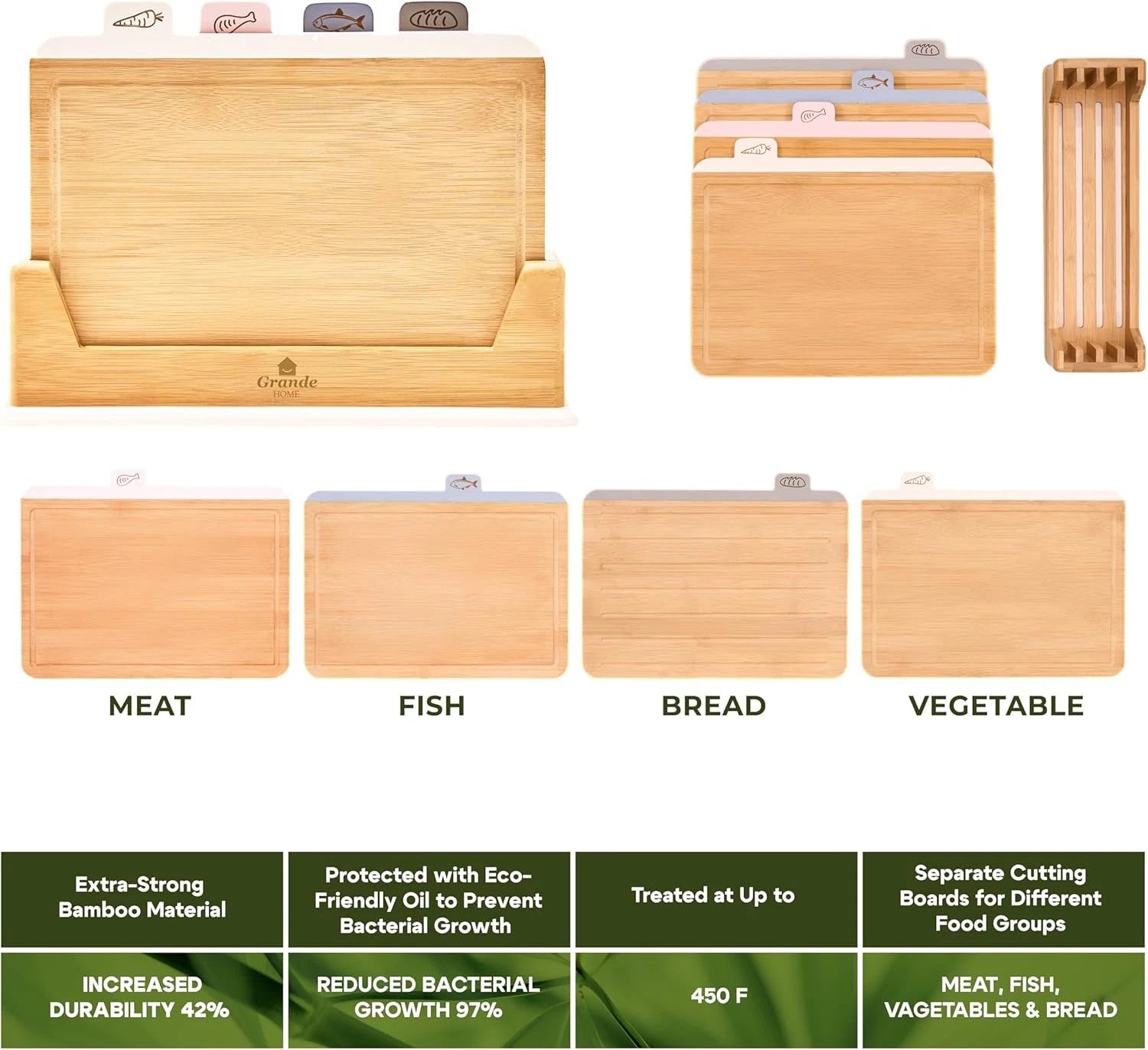 Wooden Cutting Boards for Kitchen – 5-Pcs Cutting Board Set with Holder 07FC0E-D4 - KOEEK