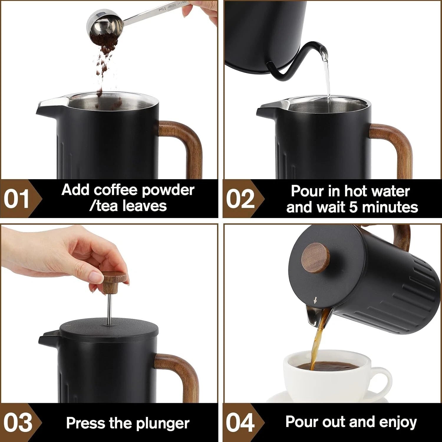 34 oz. French press coffee maker, press with double insulation and dual filters 07FC0E-D4 - KOEEK