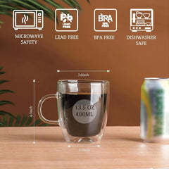 Double Wall Insulated Glass Coffee Mugs set of 4-13.5 oz Clear Hand Blown Glass 07FC0E-D4 - KOEEK