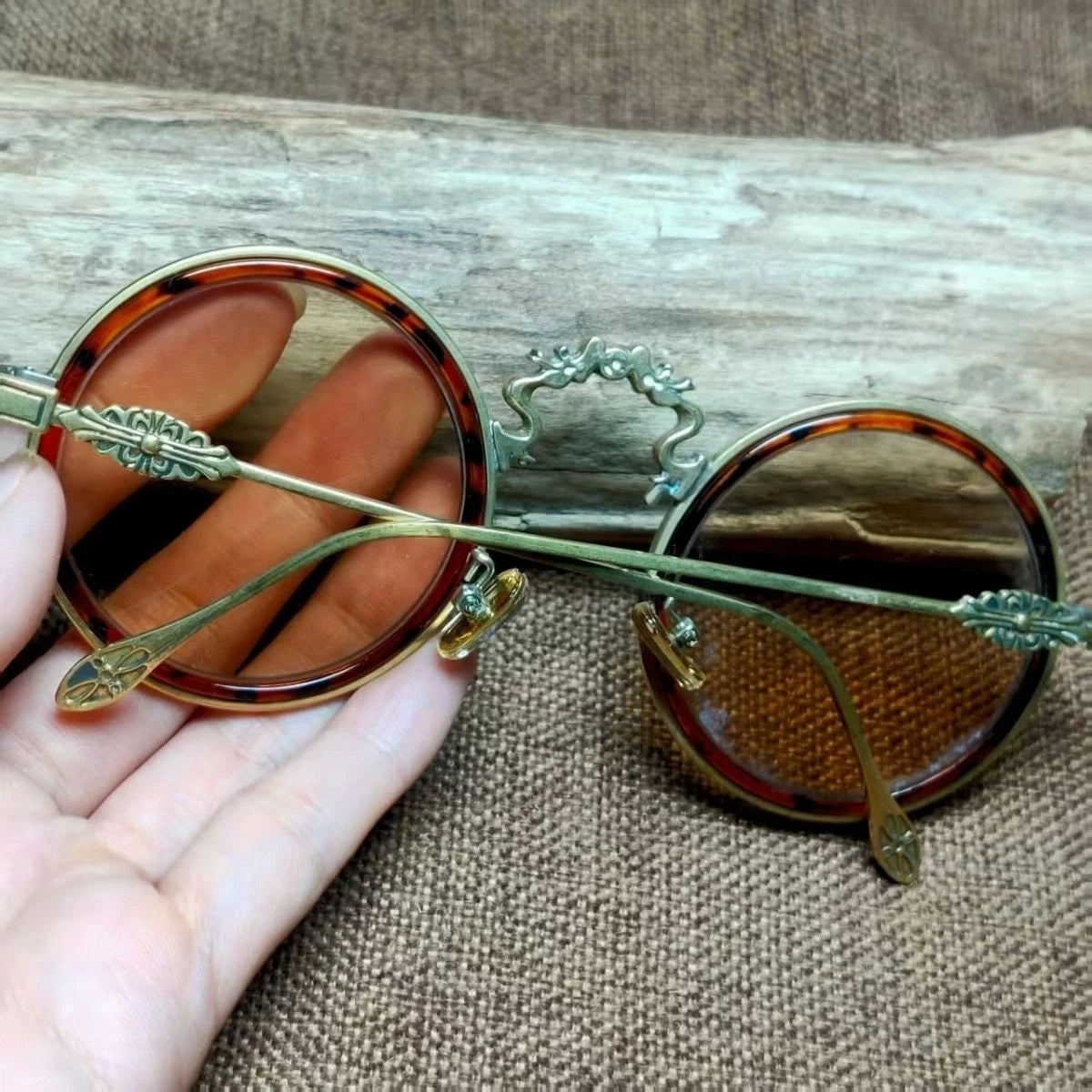 Vintage Chinese Crystal Round Glasses Tea Tint Copper Frame Eyewear Sunglasses 07FC0E-D4 - KOEEK