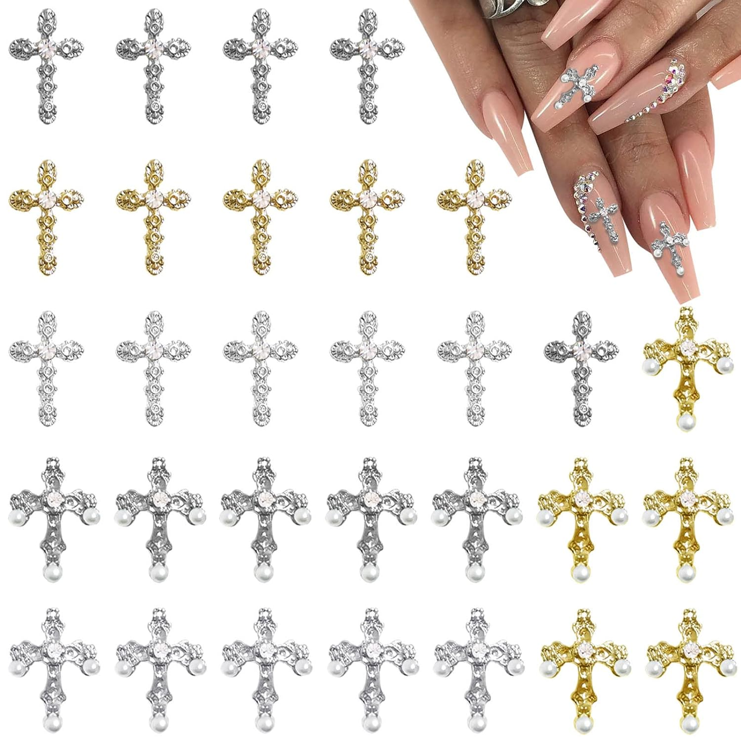 nye 3D Cross Nail Charms, 30 stk Cross Nail Decorations for Nail Art, Pearl Gems Diam