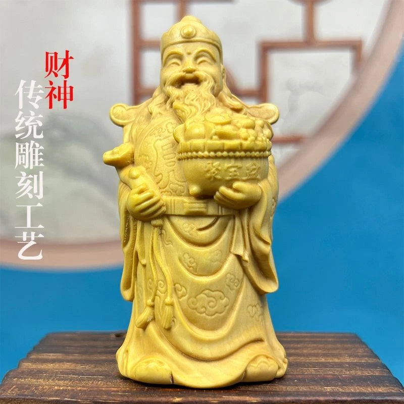 Boxwood Carved Wealth God Figurine Prosperity Home Office Desk Décor Hand Piece 07FC0E-D4 - KOEEK