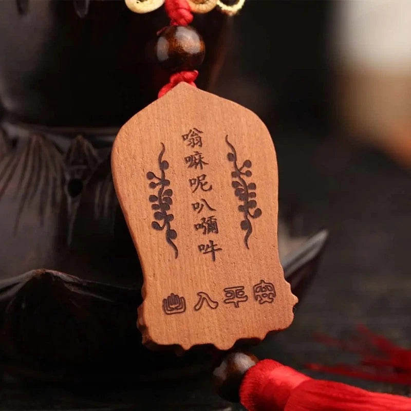 Peach Wood Handcarved Buddha Statue Tassel Amulet Pendant Guanyin Keychain 07FC0E-D4 - KOEEK