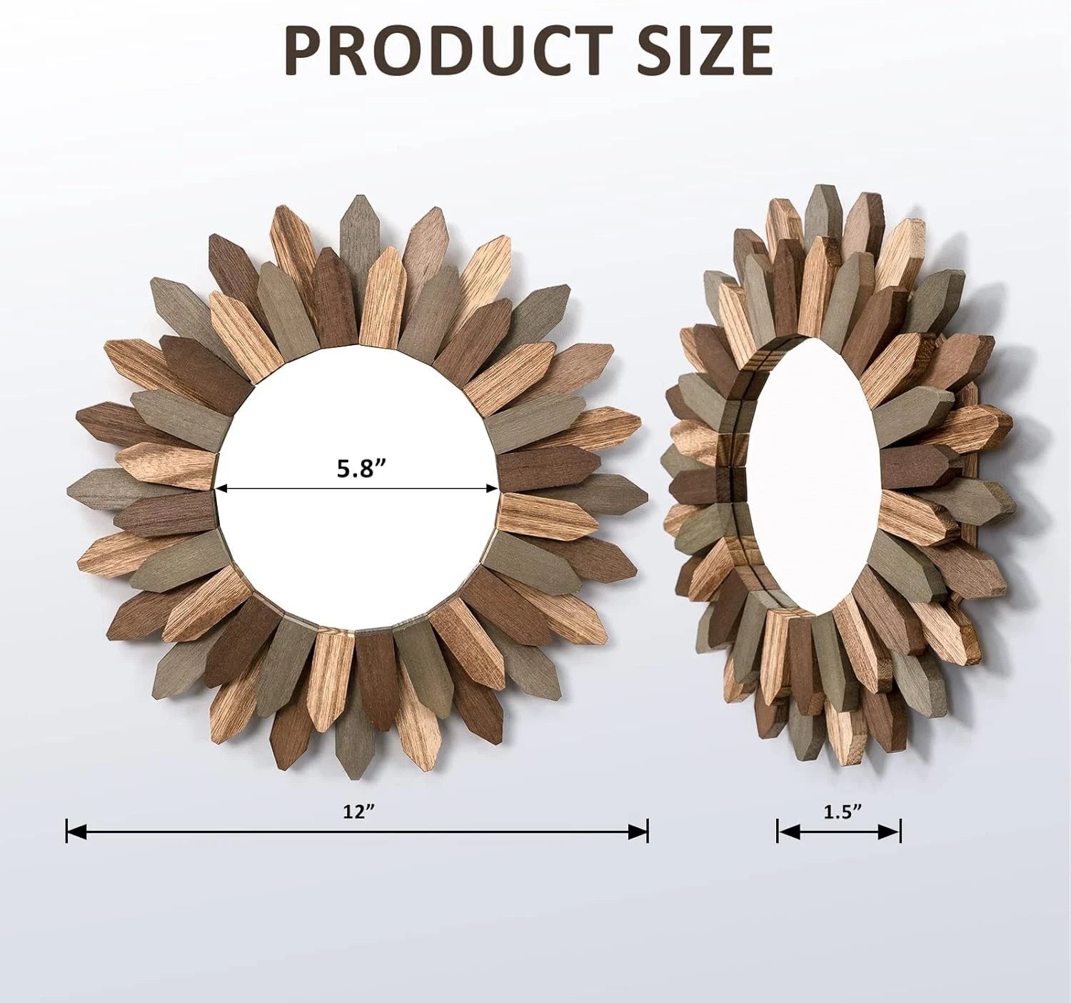 Boho Wall Decor 12 inch Decorative Mirror with Rustic Wood Sunburst Frame 07FC0E-D4 - KOEEK