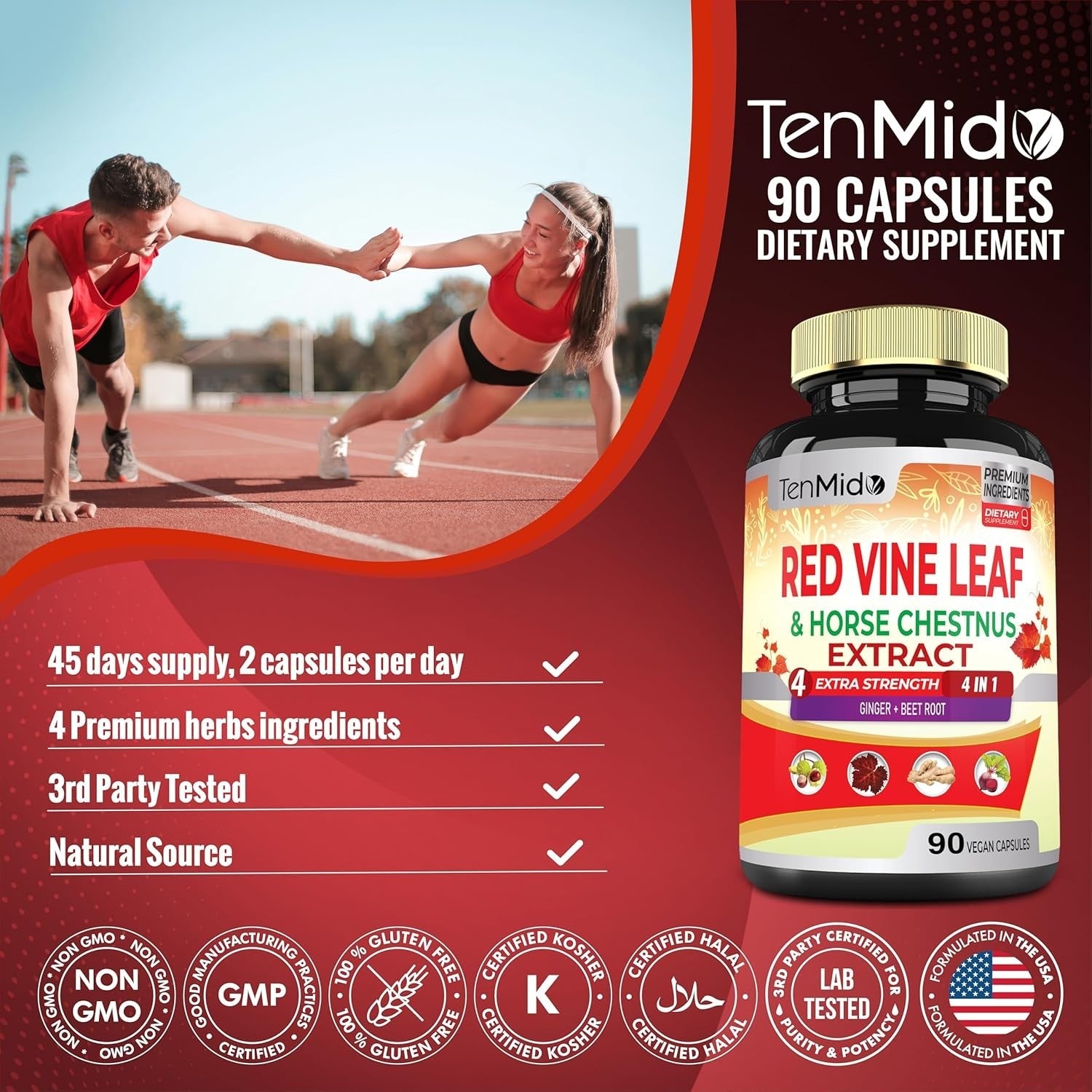 new Red Vine Leaf Extract Capsules - with Horse Chestnut, Beet Root, Ginger -...