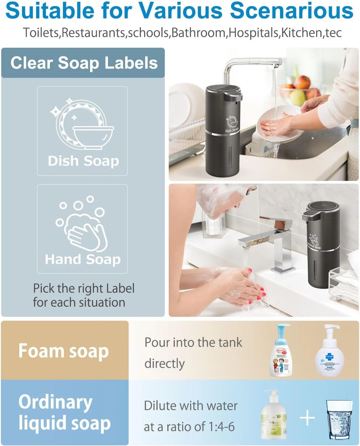 Automatic Foam Hand Sanitizer Dispenser, USB Rechargeable, 12.8 oz/380 ml 07FC0E-D4 - KOEEK