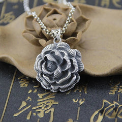 Peony Flower Pendant Silver Plated Vintage Sweater Chain Necklace 07FC0E-D4 - KOEEK