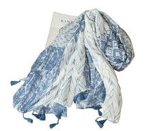 Womens White Blue Geometric Floral Yarn Scarf Tassel Shawl Spring Pashmina Cape 07FC0E-D4 - KOEEK