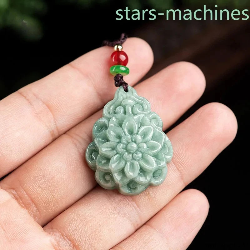 Jadeite Rose Flowers Pendant Ice Kind Handmade Carved Women's Necklace 07FC0E-D4 - KOEEK