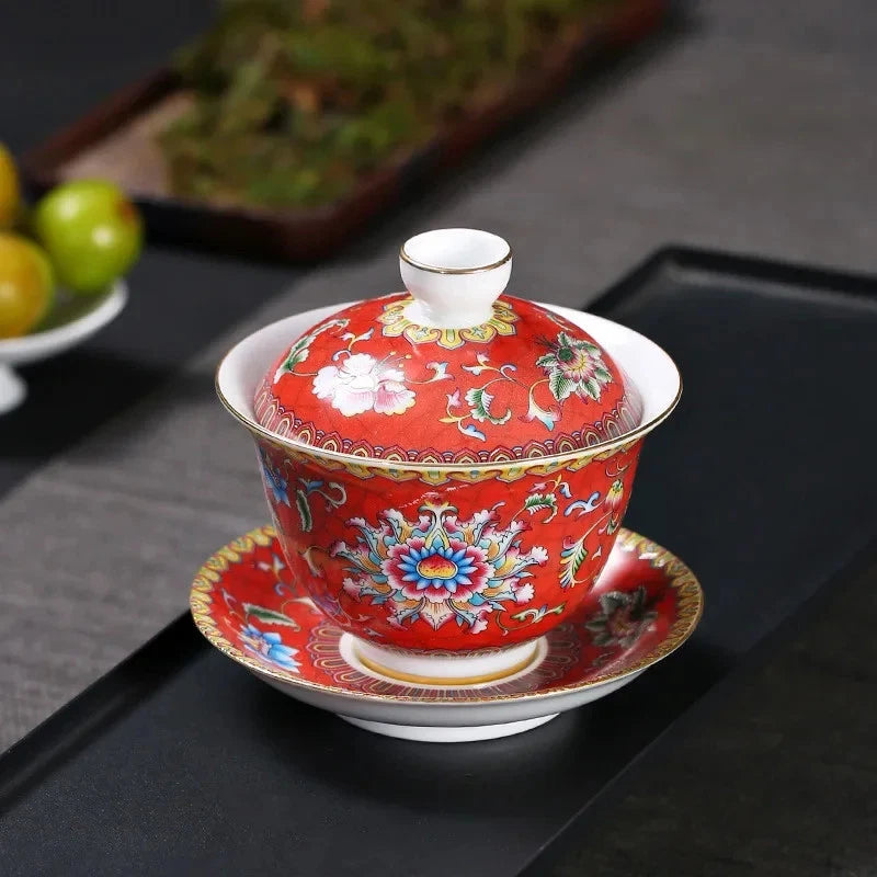 180ml Jingdezhen Porcelain Handpainted Enamel Gaiwan Tea Tureen Kungfu Teaware 07FC0E-D4 - KOEEK