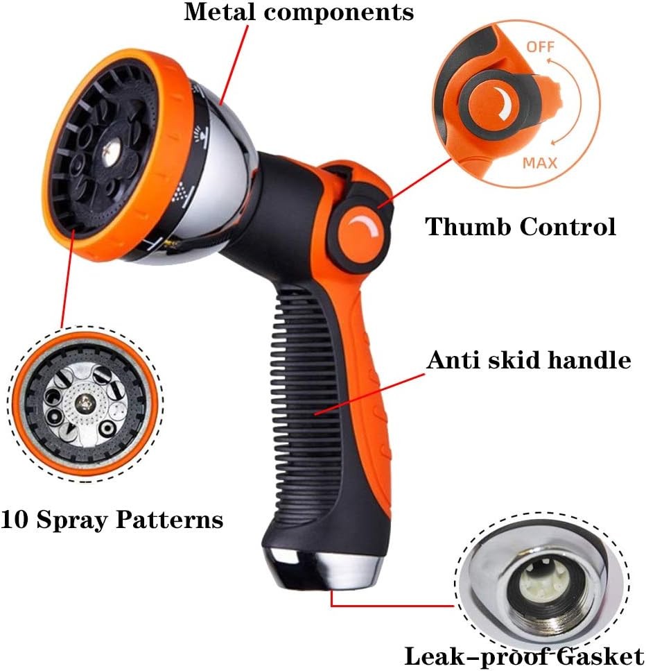 new Garden Hose Spray Nozzle,10 Metal Duty Watering Patterns Thumb Orange 07FC0E-D4 - KOEEK