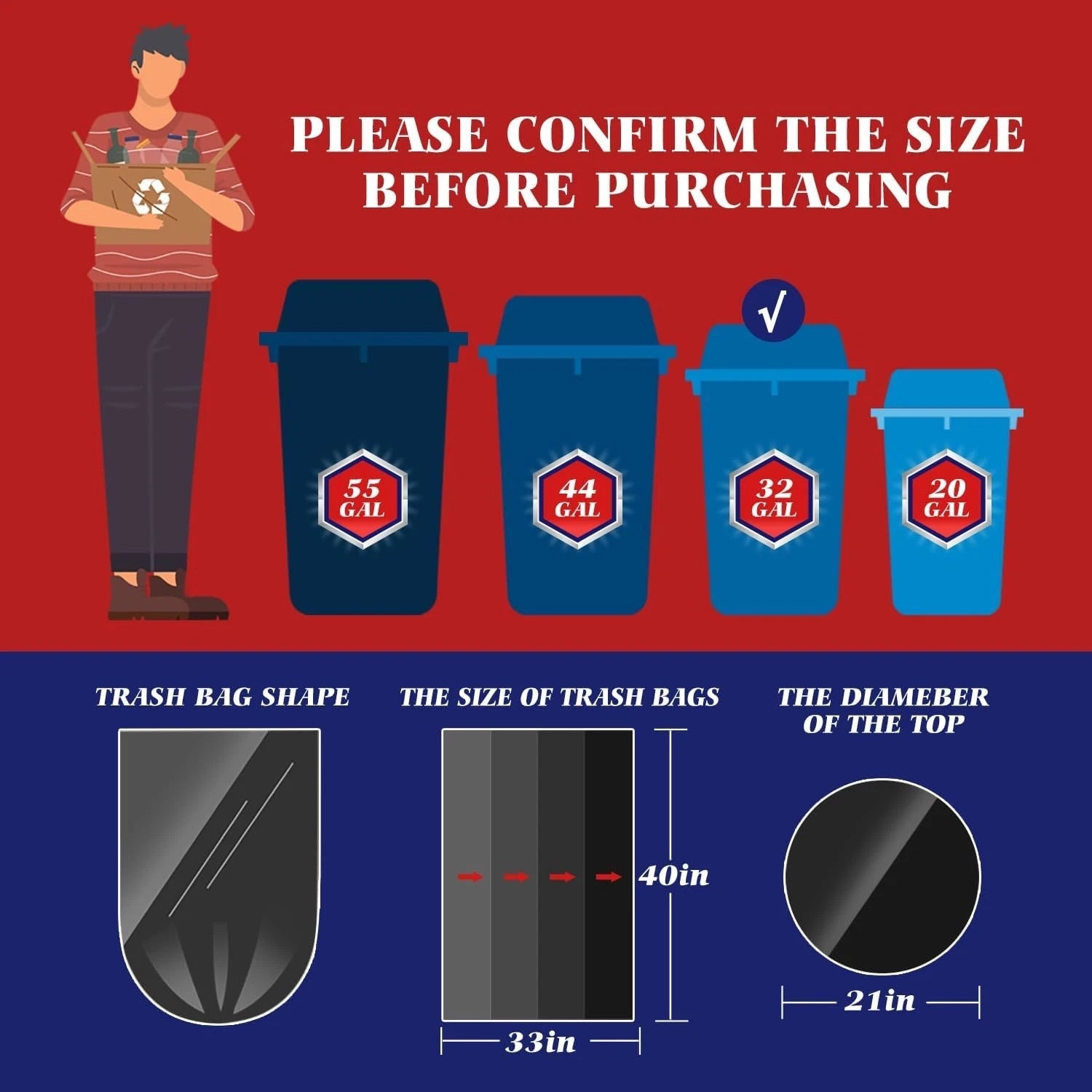 100-pack large garbage bags (with drawstring) durable garbage bags 07FC0E-D4 - KOEEK