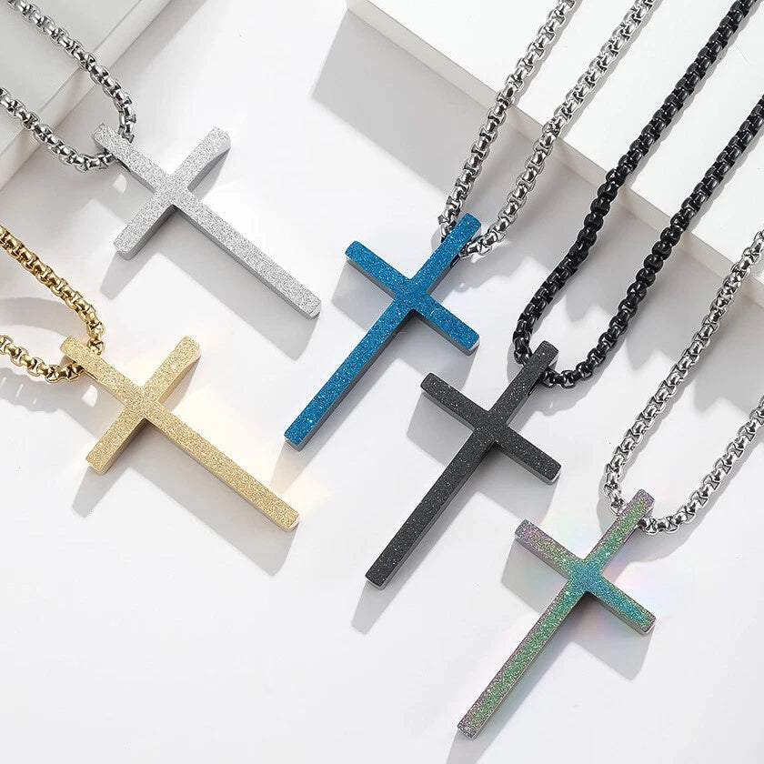 Mens Womens Stainless Steel Matte Cross Pendant w/ Necklace Chain 23.6" 07FC0E-D4 - KOEEK