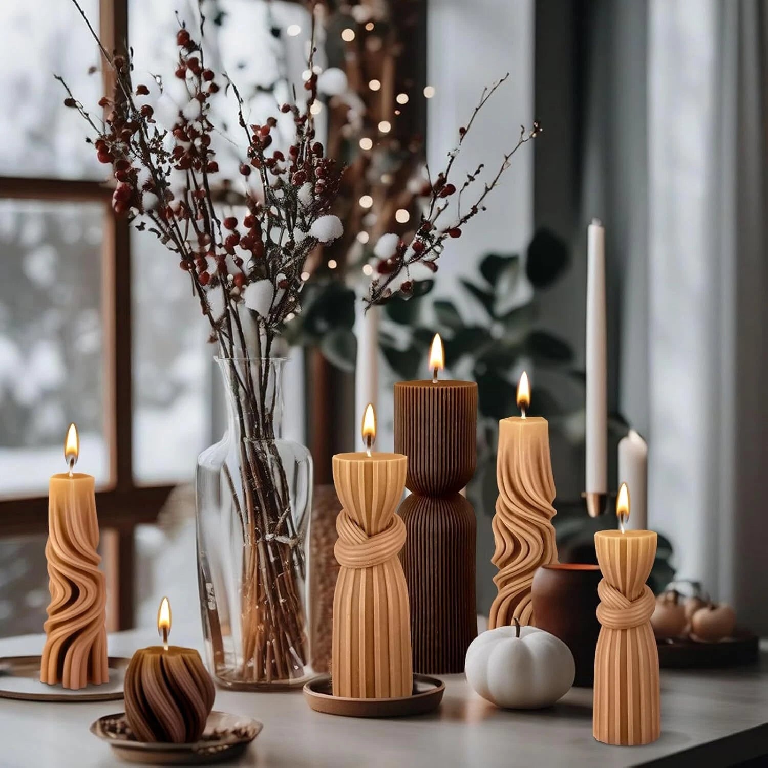 6 Pcs Small Pillar Candles Aesthetic Candles Modern Ribbed Candle Set (Brown) 07FC0E-D4 - KOEEK