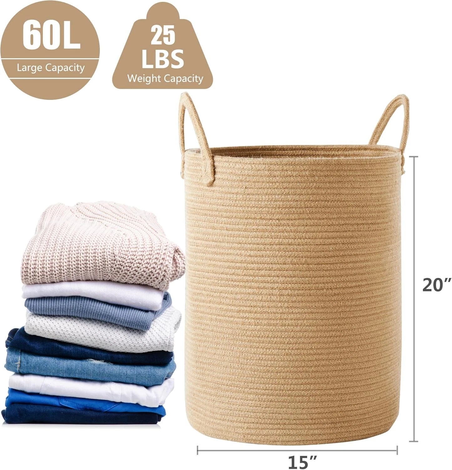 15 inches × 20 inches Ramie woven laundry basket Rattan rope clothing 07FC0E-D4 - KOEEK