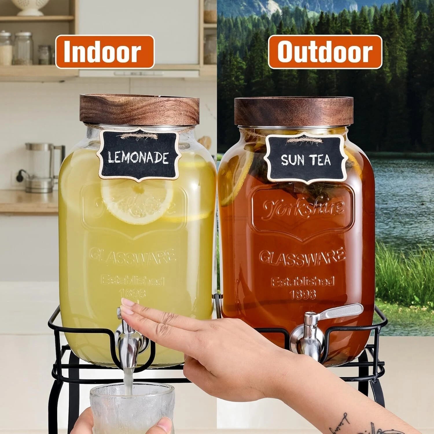 Glass Drink Dispenser for Parties, 1 Gallon Beverage Dispenser with Stand Spigot 07FC0E-D4 - KOEEK