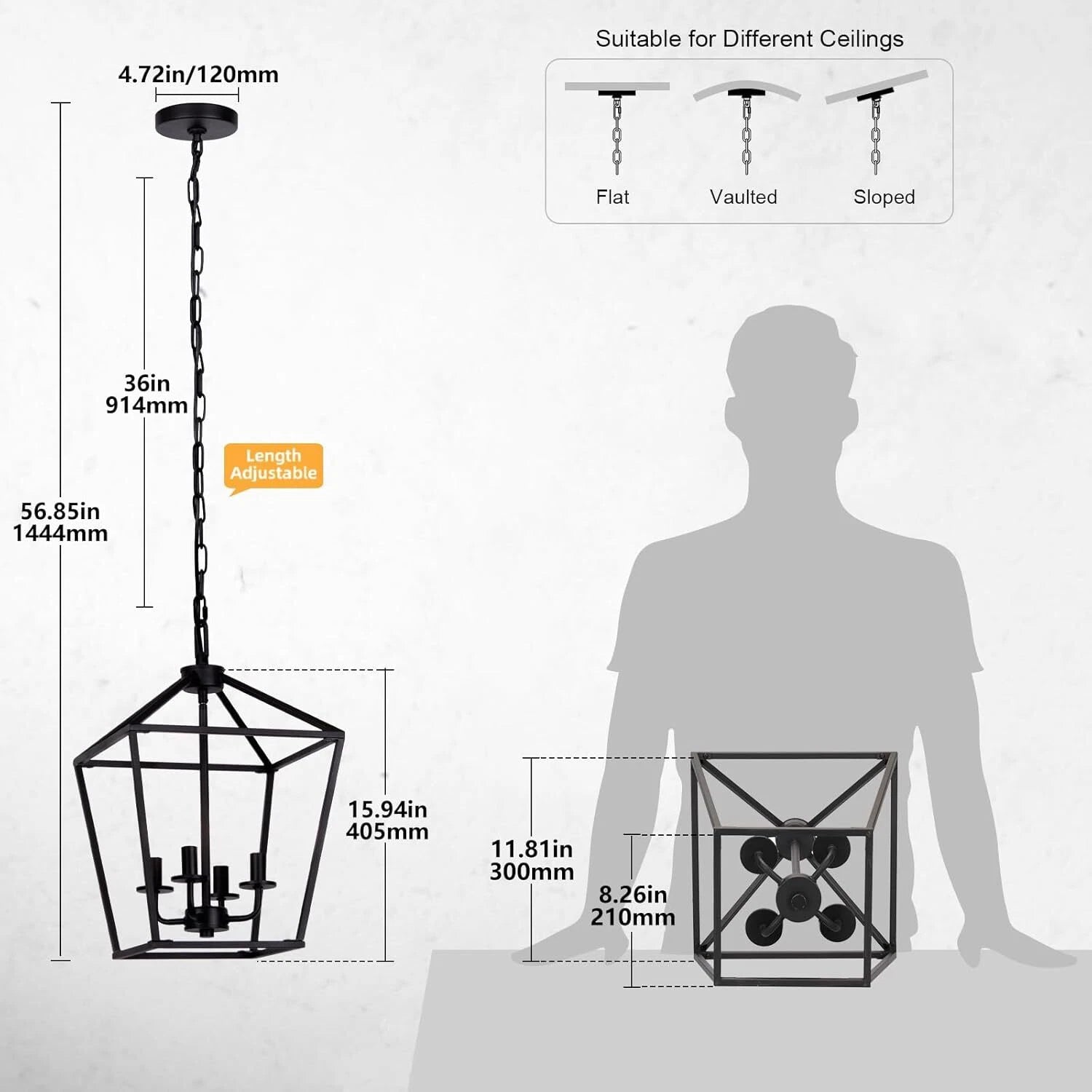 4 LampChandelier Industrial Ceiling Light,Black Lantern FixtureHeight Adjustable 07FC0E-D4 - KOEEK