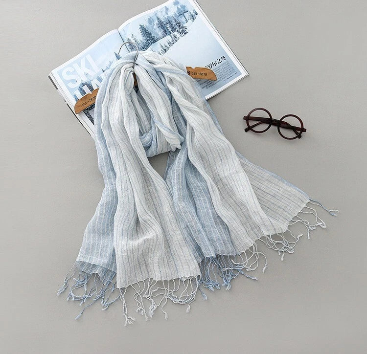 Mens  Flax Linen Scarf Breathable Tasseled Striped Shawl Unisex Neckerchief 07FC0E-D4 - KOEEK