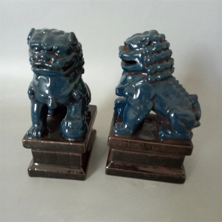 Chinese Old Pair Blue Glazed Porcelain Foo Dogs Statues Action Figure Collection 07FC0E-D4 - KOEEK