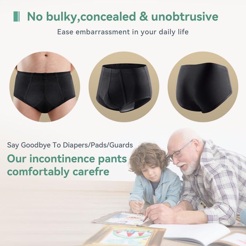 new Incontinence Underwear for Men 2 Pack Washable Urinary Briefs with L, Black