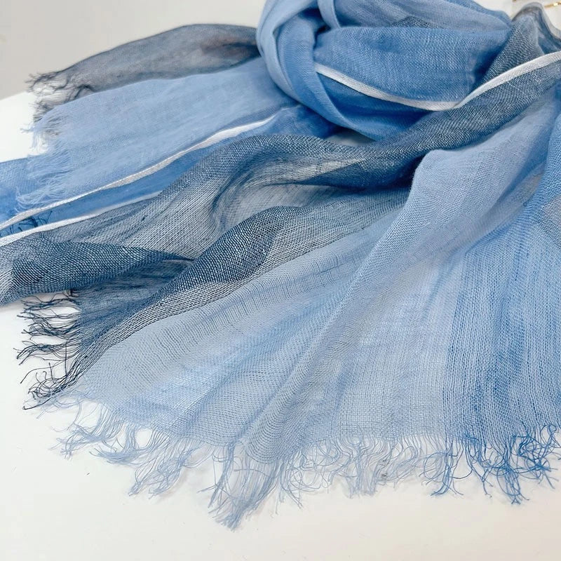 Mens Striped Breathable Blue Scarf  Flax Linen Tasseled Stole Neckerchief 07FC0E-D4 - KOEEK