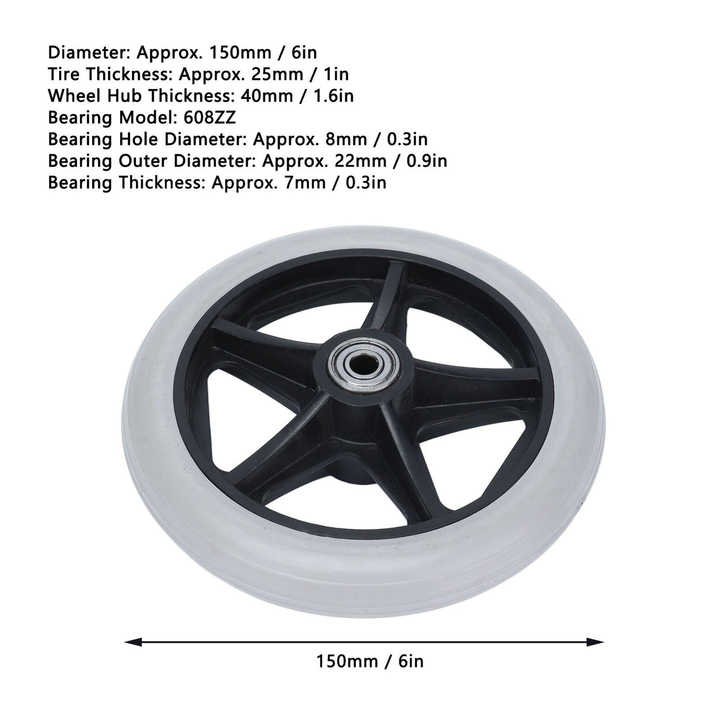 new 6in 5 Holes Solid Wheel PU Wheelchair Rollator Caster Hub 608ZZ Metal Bearing koeek - KOEEK