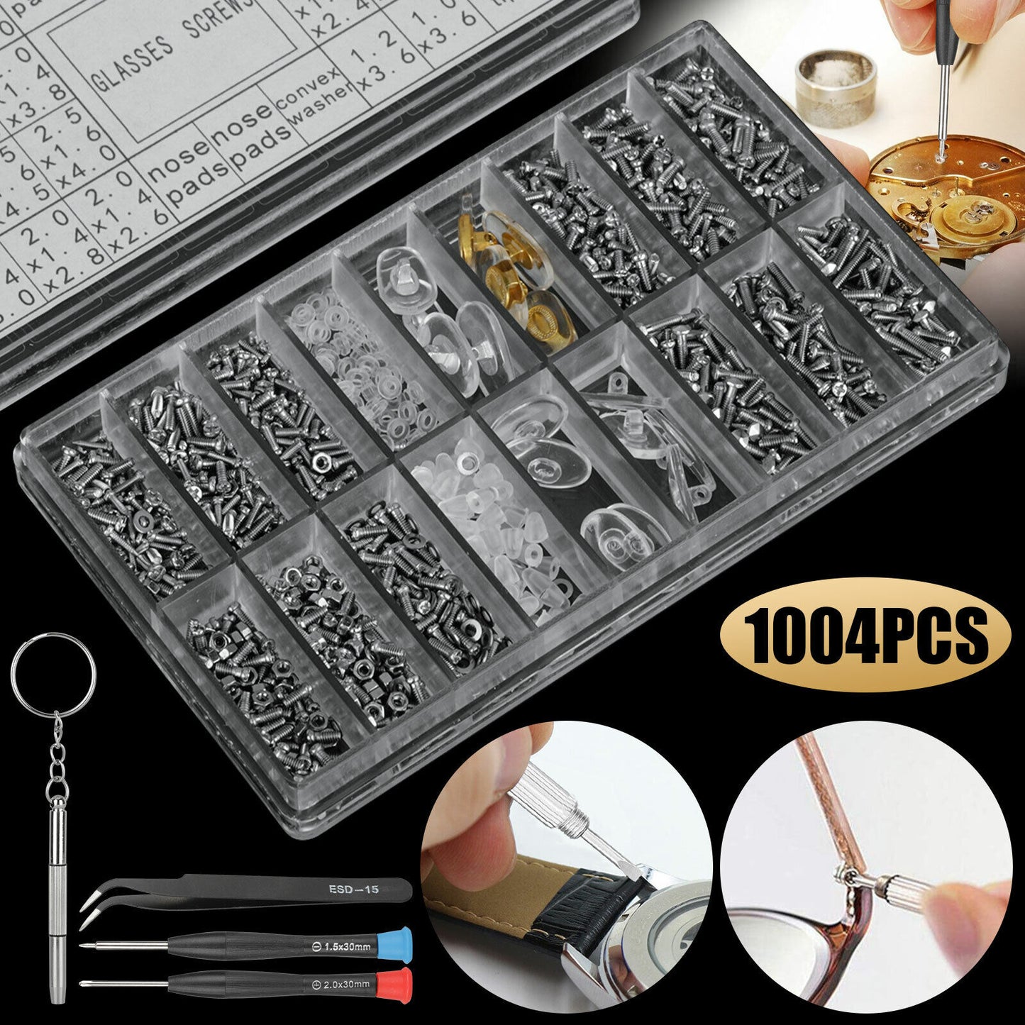 1004PCS Tiny Screws Nut Screwdriver Watch Eyeglass Glasses Repair Tool Set Kit koeek - KOEEK