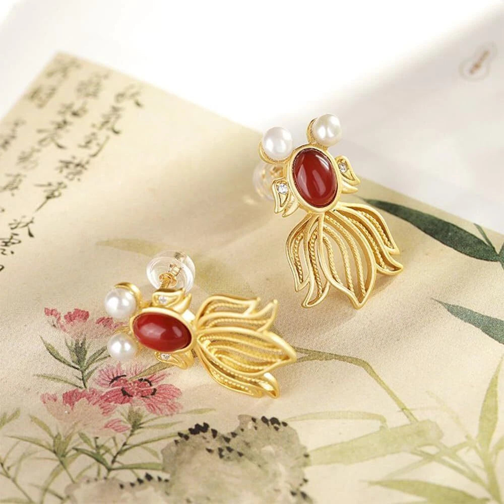 Natural Nan Hong Goldfish Earrings Fengshui Jade Earring 07FC0E-D4 - KOEEK