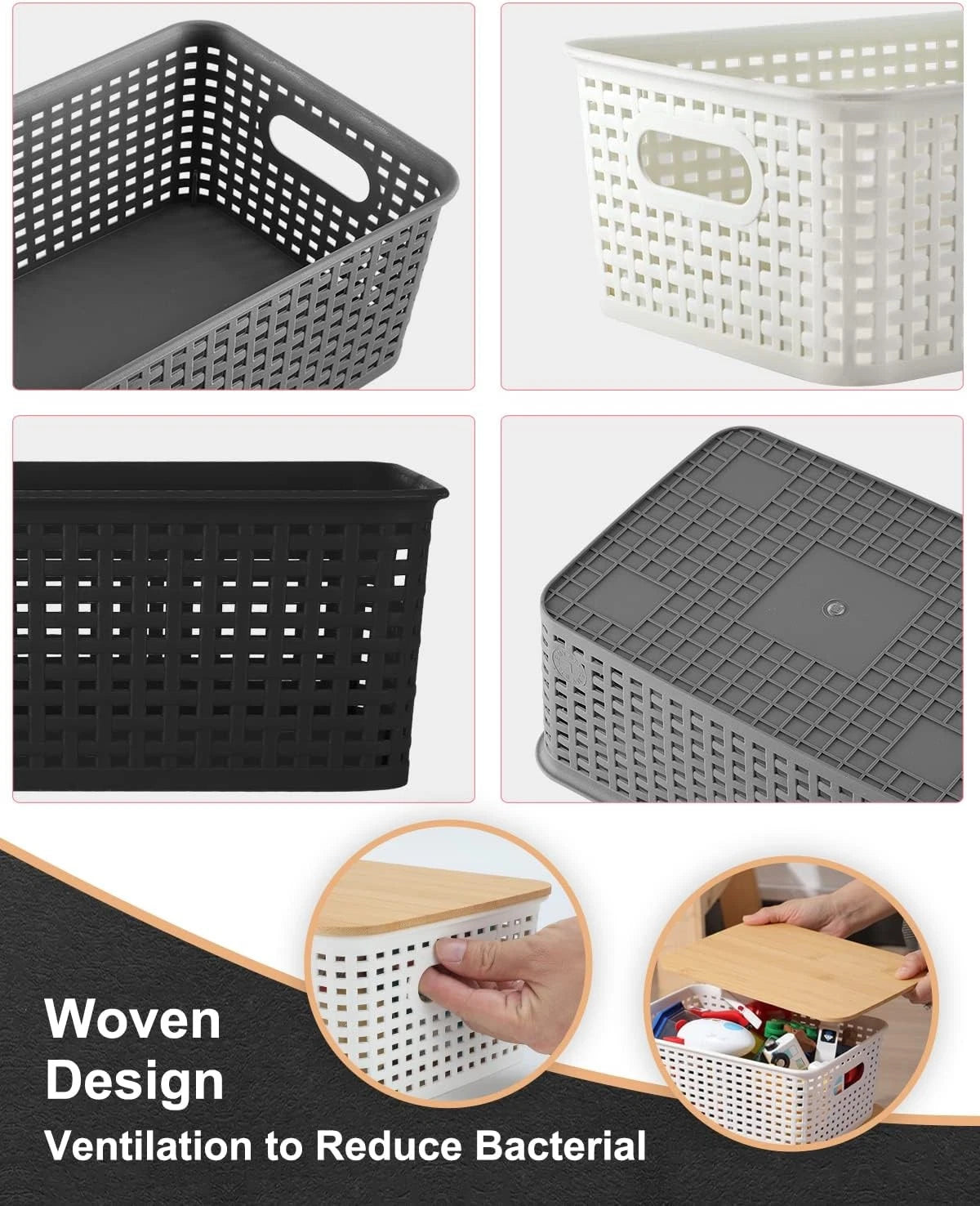 Storage Bins with Bamboo Lids Set of 6 Lidded Storage Container Plastic Baskets 07FC0E-D4 - KOEEK