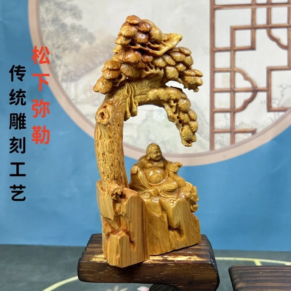 Cai Bai Wood Carved Laughing Buddha Figurine Under Tree Home Décor Chinese Style 07FC0E-D4 - KOEEK