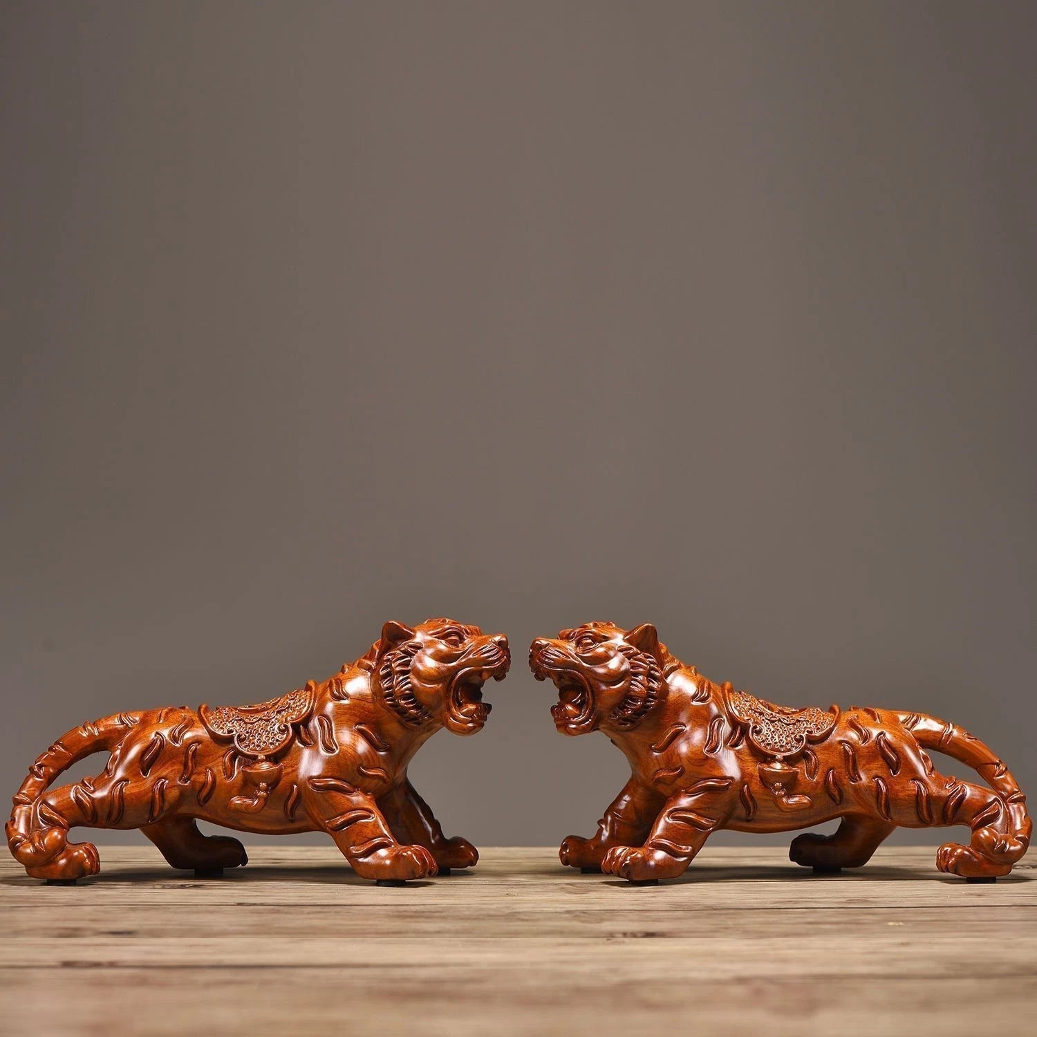 8cm Huali Wood Carved Tiger Zodiac Figurines Desk Decor Home Office Gift 1 Pair 07FC0E-D4 - KOEEK