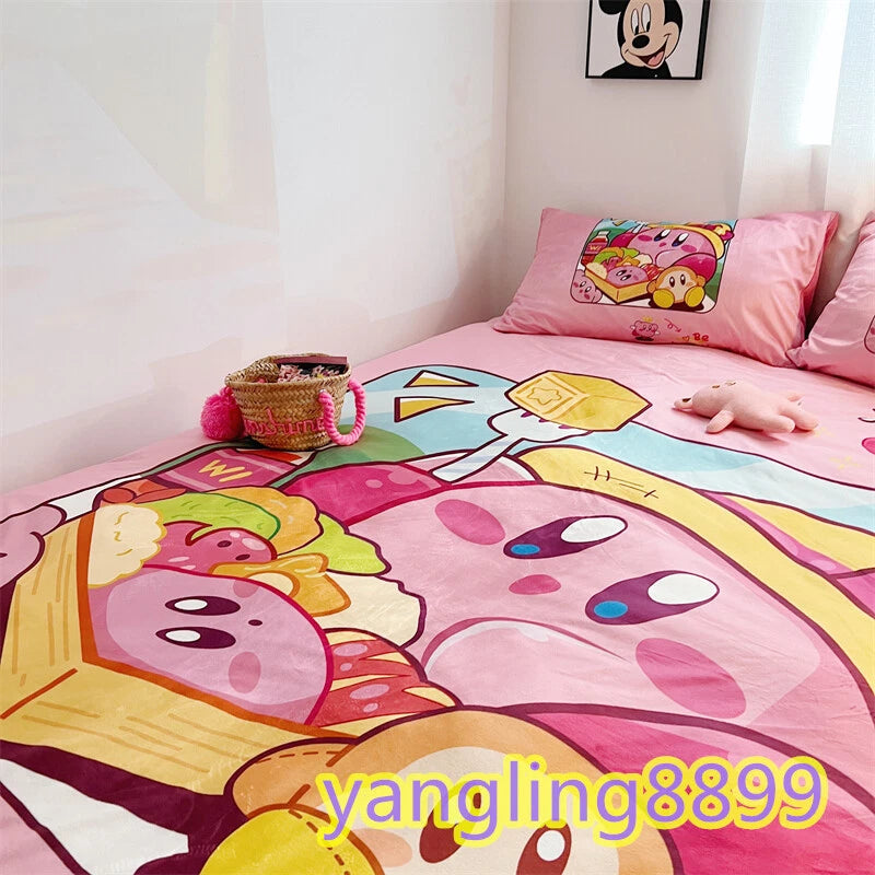 Anime Kirby Velvet Bed Sheet Pillowcase Quilt Cover Double Queen Bedding Set 4pc 07FC0E-D4 - KOEEK
