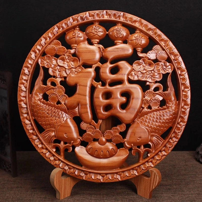 26cm Peach Wood Fu Character Wood Carving Household Decoration Handicraft 07FC0E-D4 - KOEEK