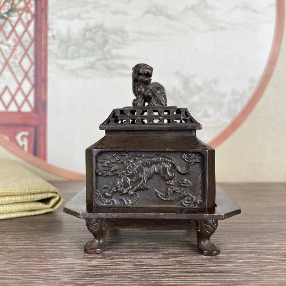 Chinese Style Four Beasts Incense Burner Set Bronze Tone With Lid Decor 07FC0E-D4 - KOEEK