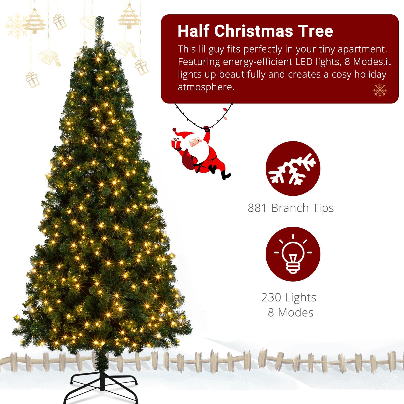 7 FT Pre-lit PVC Artificial Half Christmas Tree 8 Flash Mode w/ 250 LED Light 07FC0E-D4 - KOEEK
