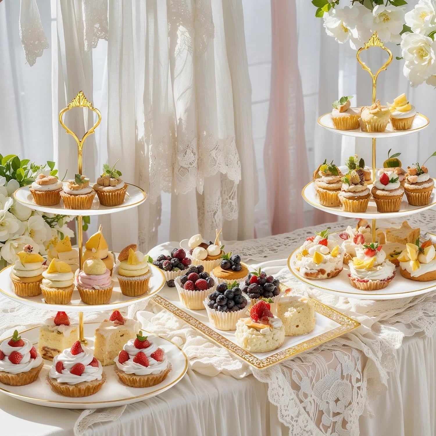 3 Tier Cupcake Stands, Plastic Trays,Cake Platters Includes 6 pcs Pastry Trays 07FC0E-D4 - KOEEK