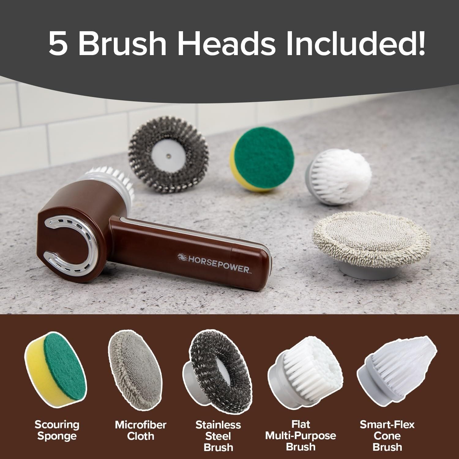 new Horsepower Scrubber, Waterproof, Electric Power, Spins 350 RPM, 5 Brush Red 07FC0E-D4 - KOEEK