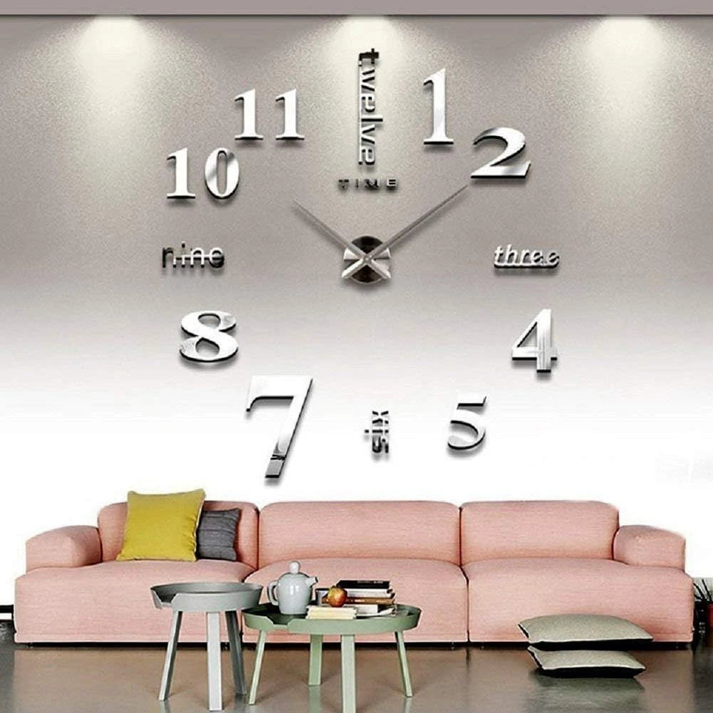 Large DIY 3D Frameless Silver Wall Clock–Oversized Modern Decor for Living Room 07FC0E-D4 - KOEEK