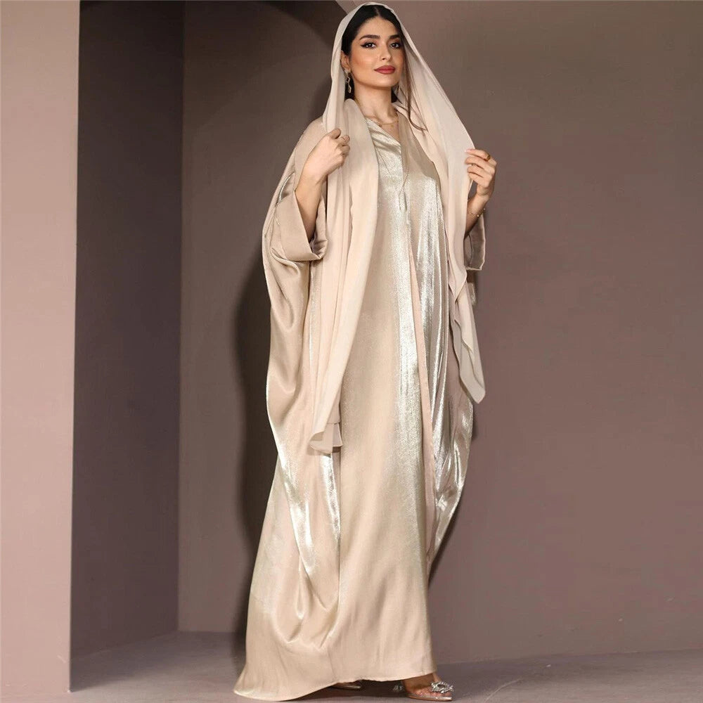 Dubai Women Muslim Batwing Sleeve Satin Open Abaya Cardigan Dress Dress Turkey 07FC0E-D4 - KOEEK