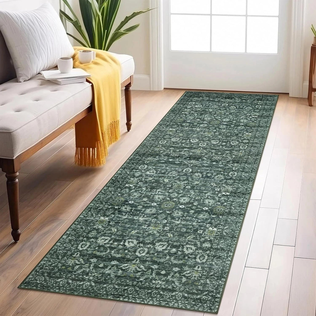 Vintage Floral 2x6 Rug, Dark Green Machine Washable Kitchen Rug 07FC0E-D4 - KOEEK