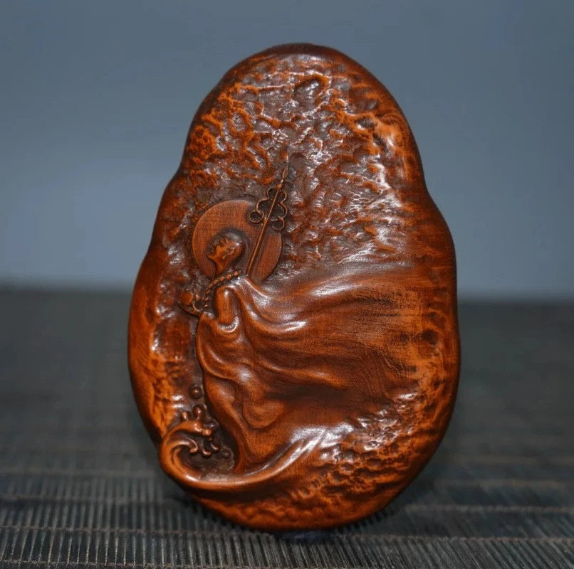 Exquisitely Boxwood HandCarved Ksitigarbha Bodhisattva Board Pendant Statue 07FC0E-D4 - KOEEK