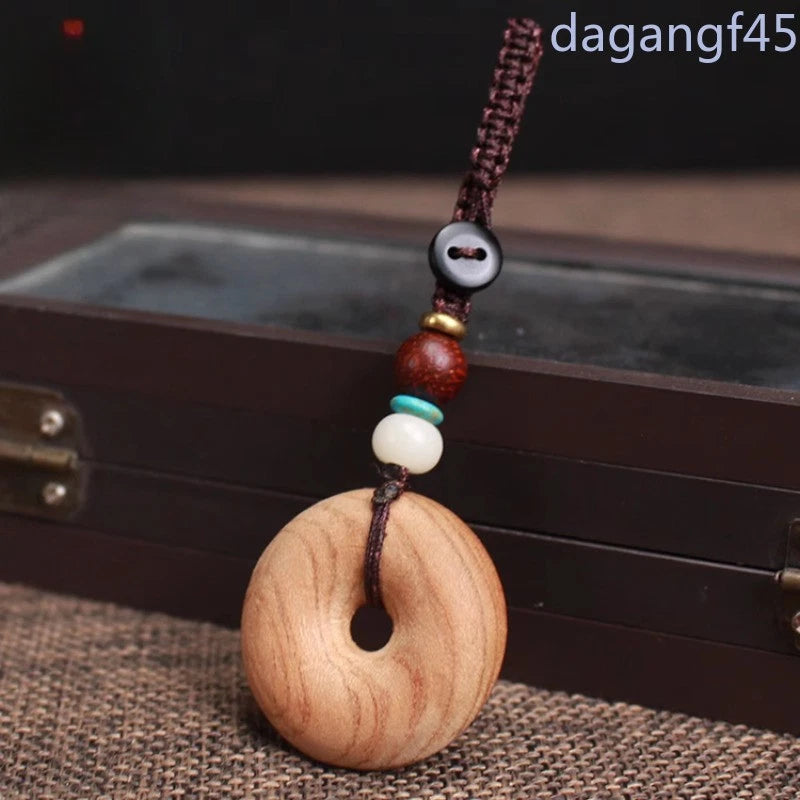 3.2cm Retro Peach Wood Ping An Key Pendant Necklaces Wood Carving Pendant 07FC0E-D4 - KOEEK