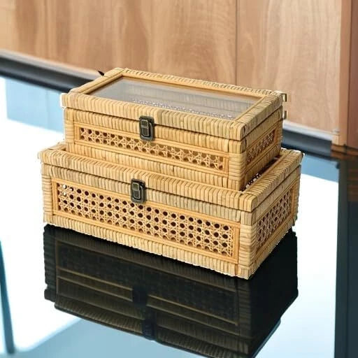 Rattan Strip Stacking Box with Glass Top - Set of 2 07FC0E-D4 - KOEEK