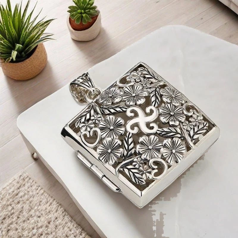 Large Openable Amulet Box Pendant Hollow Plum Blossom Square Storage Necklace 07FC0E-D4 - KOEEK