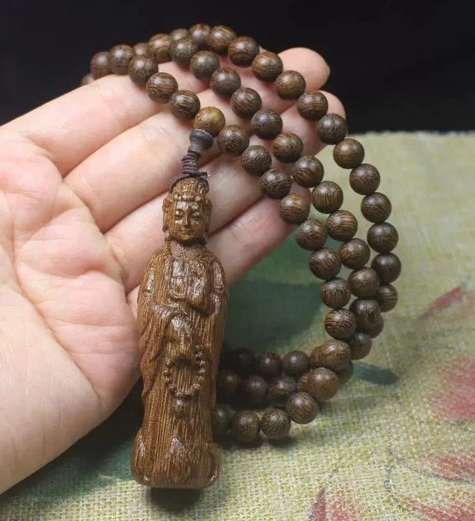 8mm*108 Natural Wood Guanyin Pandent Buddha Prayer Beads Necklace Accessories 07FC0E-D4 - KOEEK