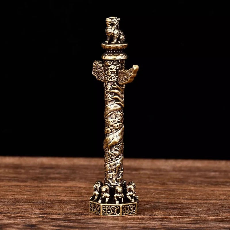 7.1cm Chinese Brass Zhonghua Column Ornament Carve Dragon Household Handicraft 07FC0E-D4 - KOEEK