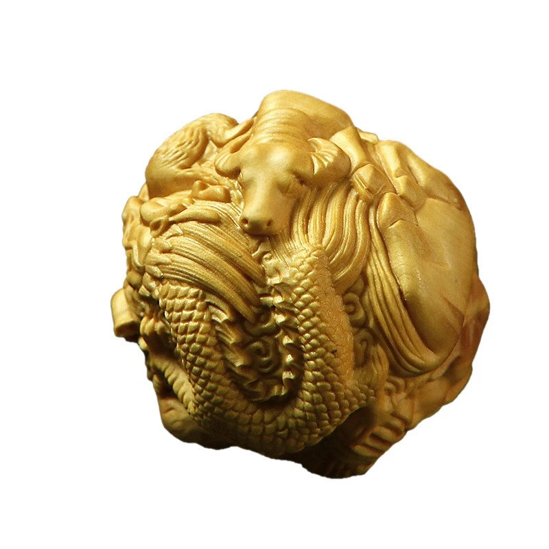 Boxwood Zodiac Carved Ball Handheld Ornament Wooden Craft Gift Decor 1 Pair 07FC0E-D4 - KOEEK