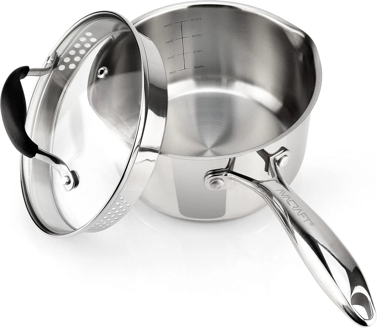 Stainless steel sauce pan with glass strainer lid and two side spouts