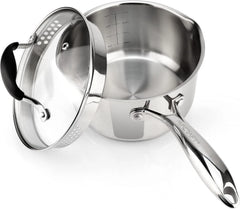 Stainless steel sauce pan with glass strainer lid and two side spouts
